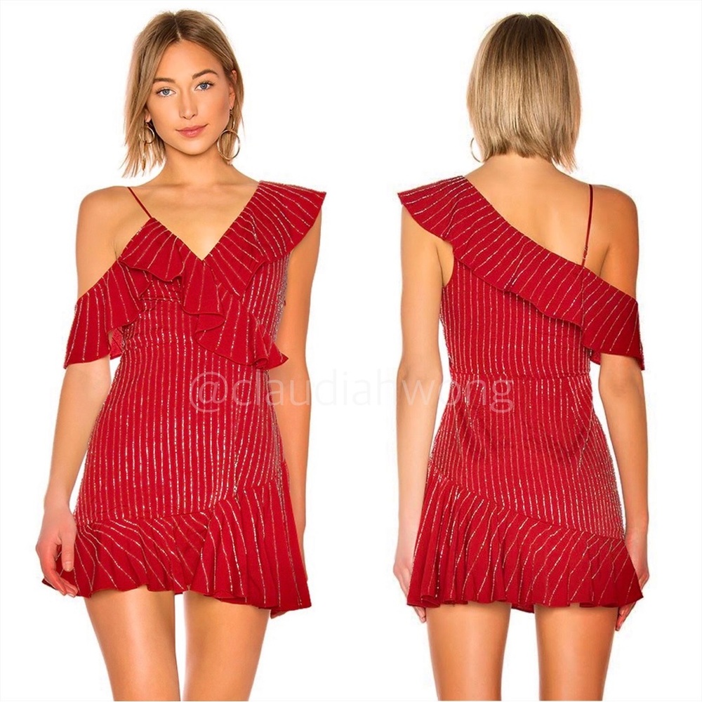 LOVERS + FRIENDS Jenn Embellished Ruffle Mini Dress in Cabernet Red